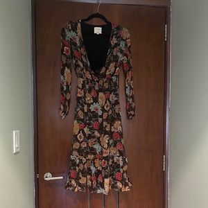 Sezane Floral Long Sleeve Dress - Black, Red, Blue, Tan